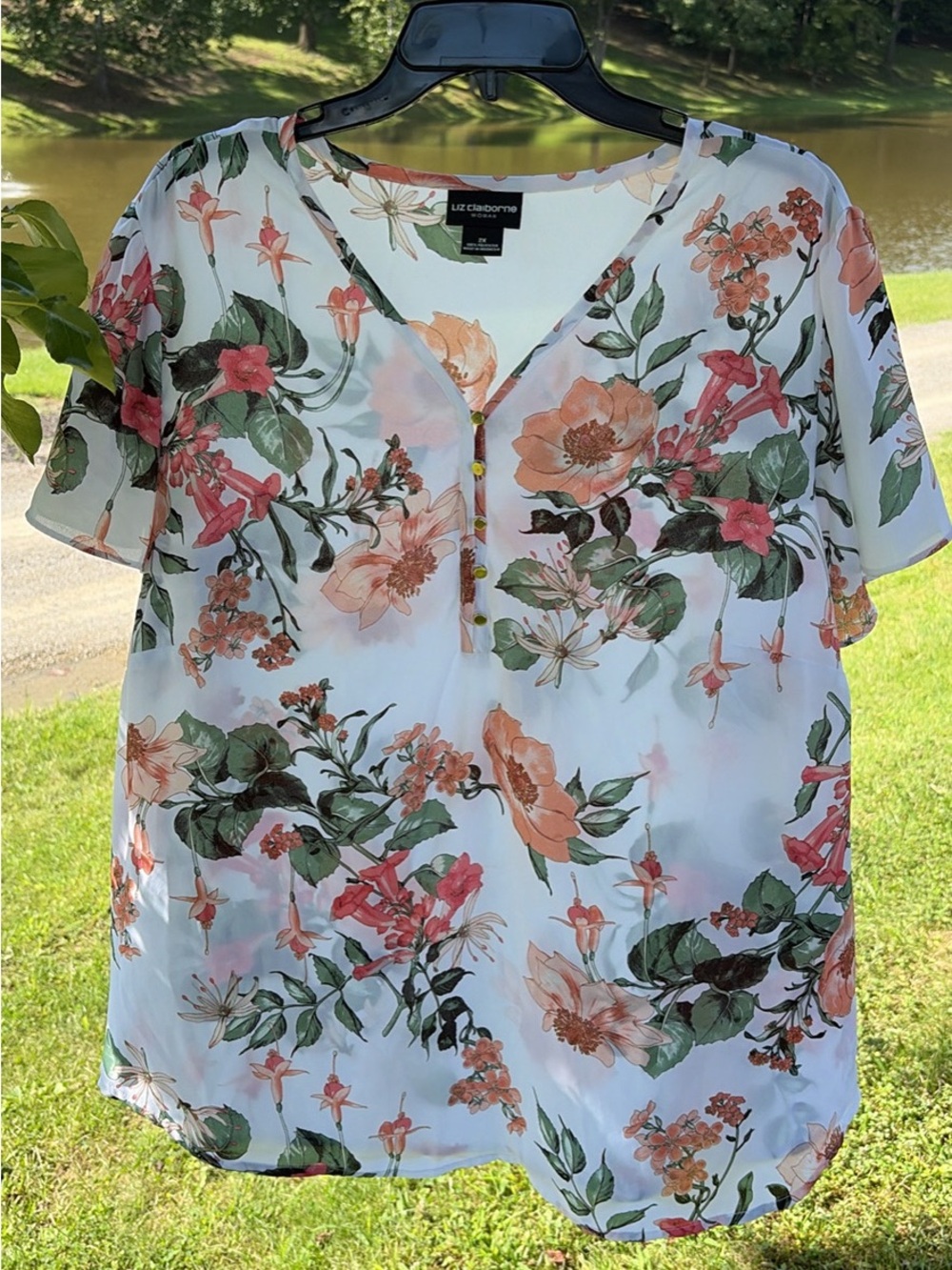 Liz Claiborne White Floral V-Neck Blouse - Peach & Green